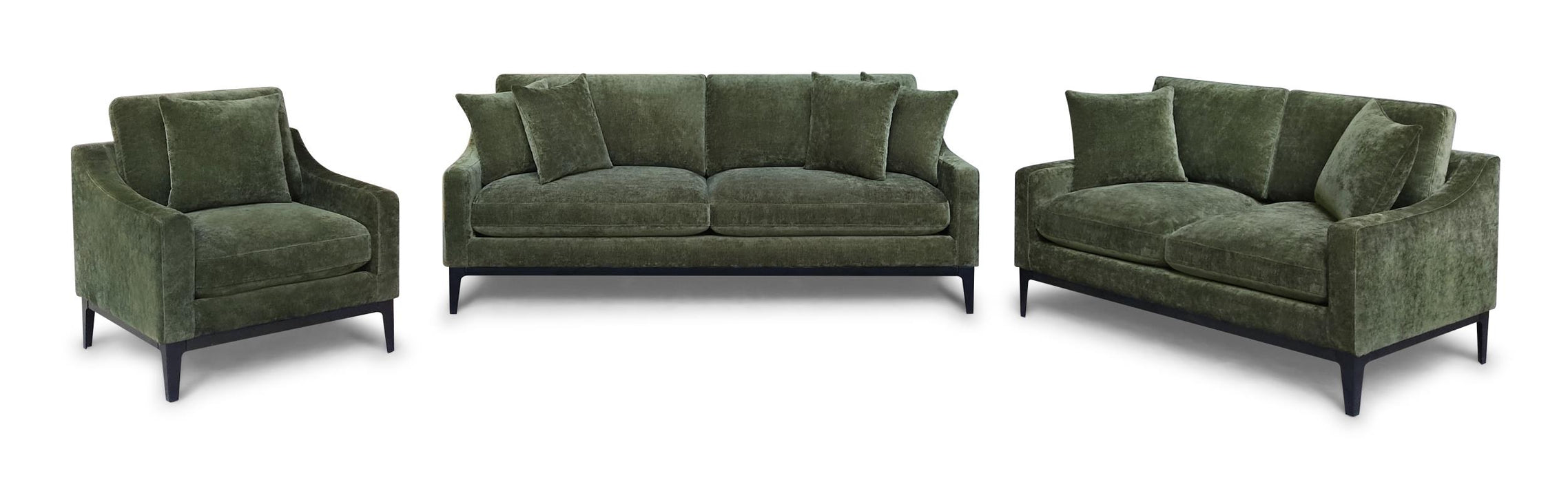 CoasterEveryday Duarte 3-piece sofa, loveseat, and chair set in dark moss with reversible cushions