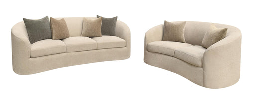 Rainn camel boucle sofa and loveseat set by CoasterEveryday, 2-piece transitional furniture ensemble