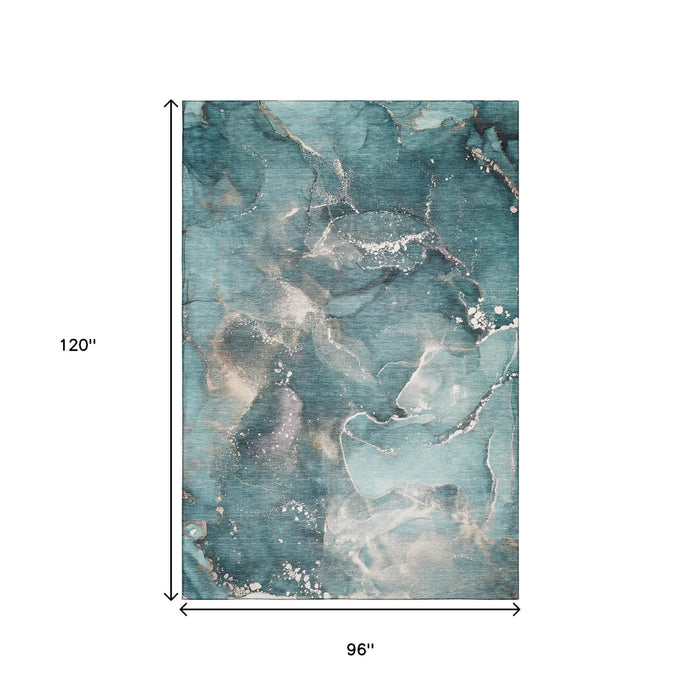 8' X 10' Abstract Washable Area Rug With UV Protection (647252) - Teal / Ivory