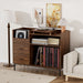 Giga eco-friendly vinyl record player stand with flip-top storage, dustproof drawers, media console, and dual outlets for electronics.