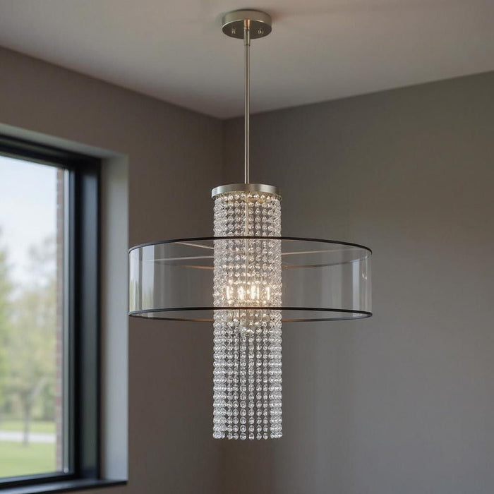 33" Four Light Dimmable Chandelier With Shades - Nickel