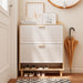 Giga shoe storage cabinet with two flip drawers, compact entryway organizer in natural wood and white finish.