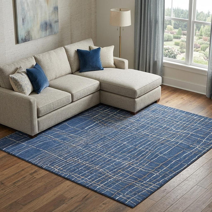 10' X 14' Striped Washable Area Rug With UV Protection (678574) - Navy Blue / Ivory