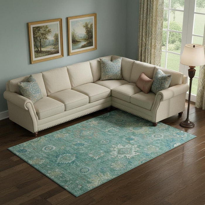 10' X 14' Oriental Washable Area Rug With UV Protection (708361) - Teal / Copper / Ivory