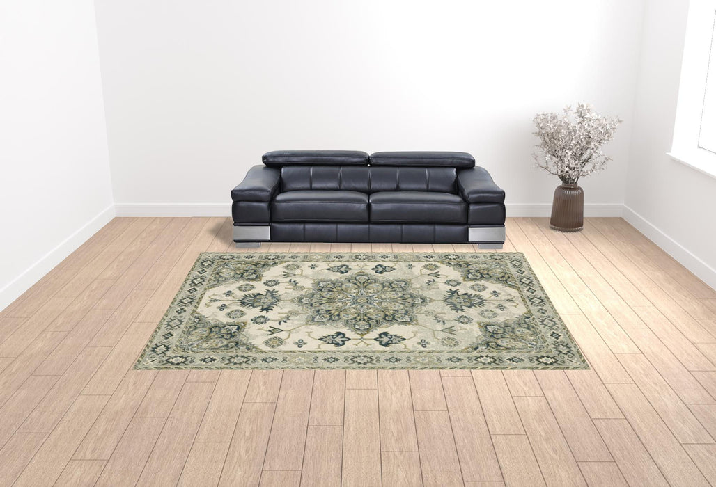 10' x 13' Oriental Power Loom Stain Resistant Area Rug - Ivory Blue Teal Gray And Olive Green