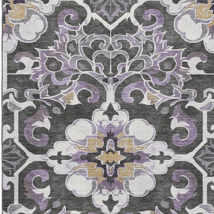 10' X 14' Floral Medallion Washable Area Rug With UV Protection (709084) - Purple / Ivory / Charcoal