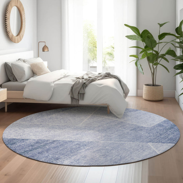 8' Geometric Washable Round Rug With UV Protection - Ivory And Blue