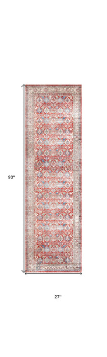 8' Oriental Distressed Non Skid Runner Rug (553229) - Ivory / Red / Blue