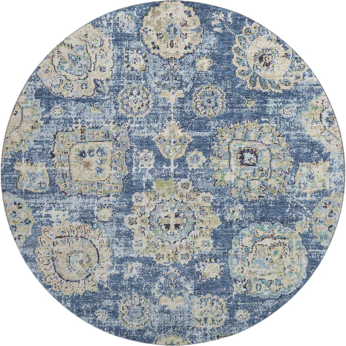 8' Floral Washable Round Rug With UV Protection (653185) - Blue / Ivory / Gold