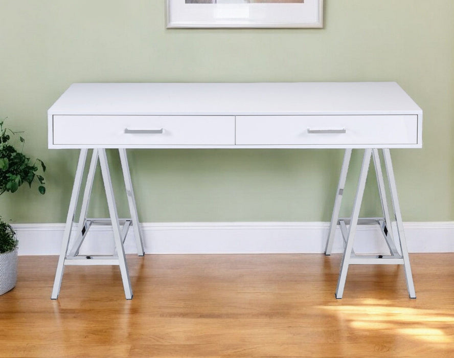 54" Writing Desk With Two Drawers - White And Silver