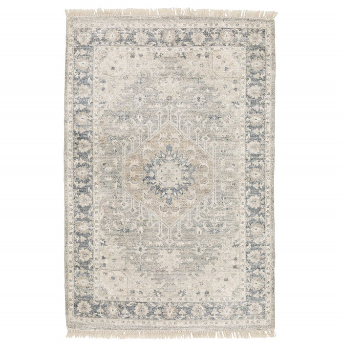 5' x 8' Oriental Hand Loomed Stain Resistant Area Rug With Fringe - Beige And Grey