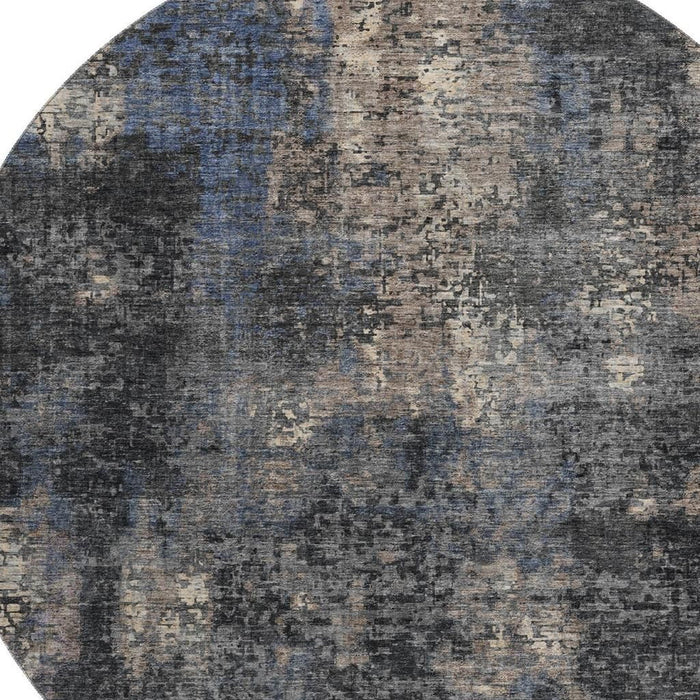 8' Abstract Washable Round Rug With UV Protection - Charcoal And Beige