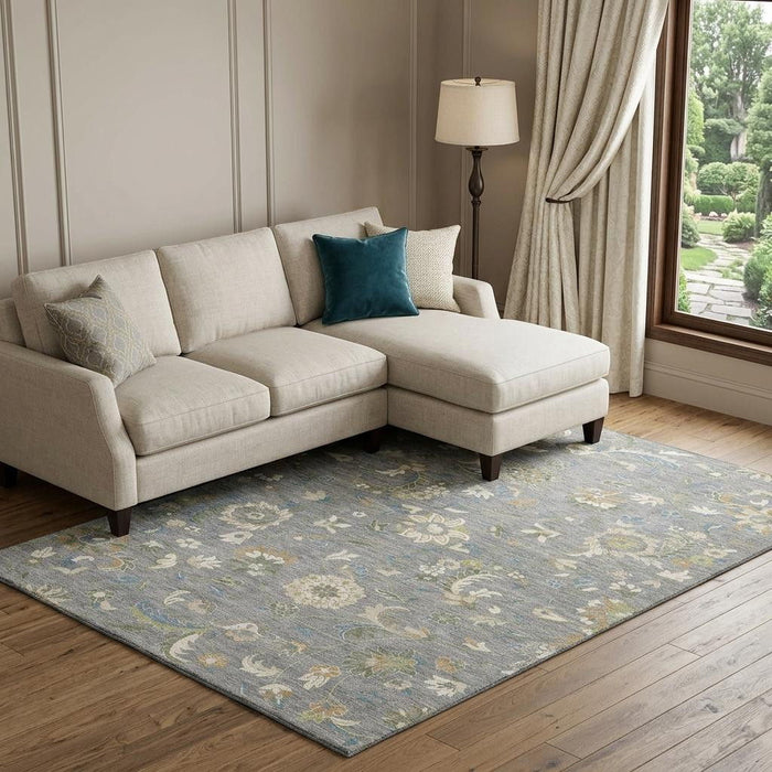 10' X 14' Floral Washable Area Rug With UV Protection (678976) - Gray / Copper / Blue