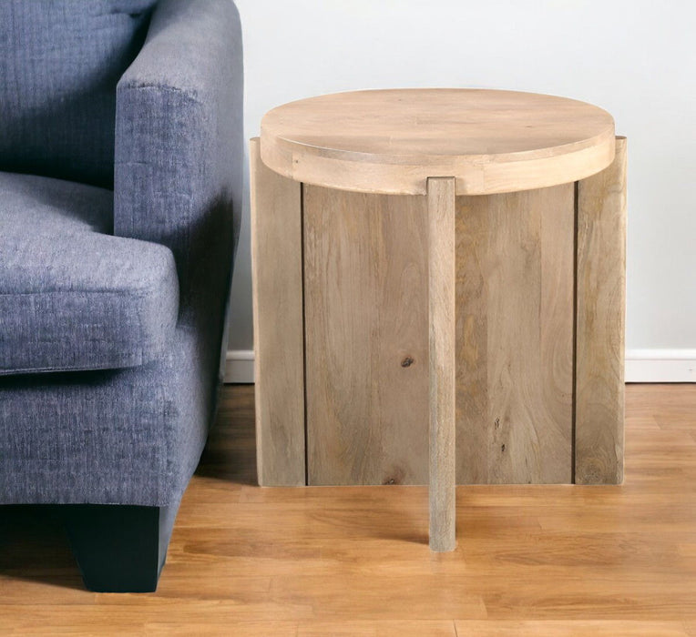 24" Solid Wood Round Cross Leg End Table - Beige