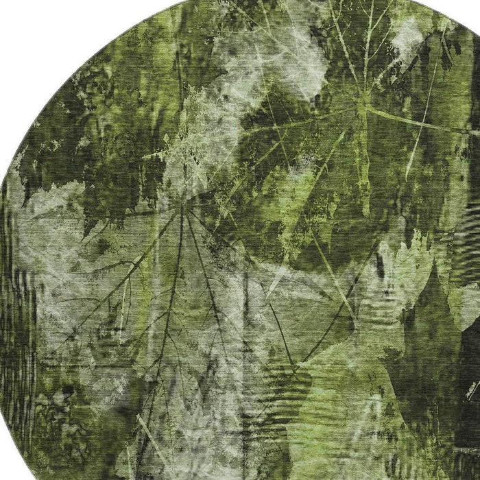 8' Floral Washable Round Rug With UV Protection (649069) - Green / Ivory