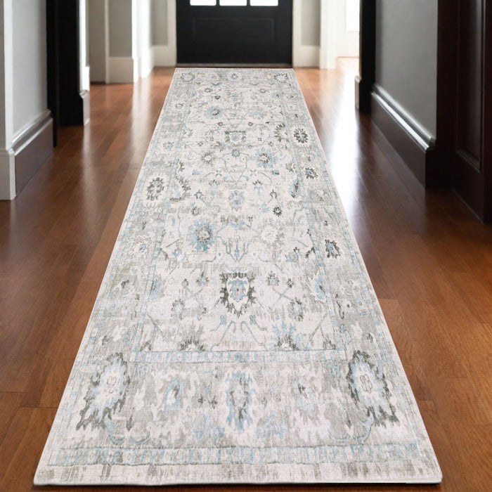 10' Oriental Hand Tufted Runner Rug - Ivory And Teal