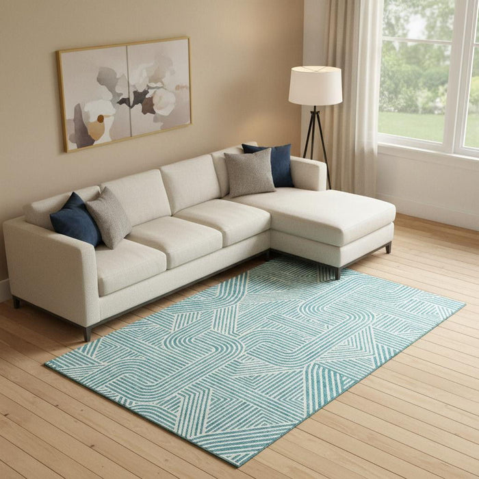 10' X 14' Abstract Geometric Washable Area Rug With UV Protection (672941) - Teal / Ivory
