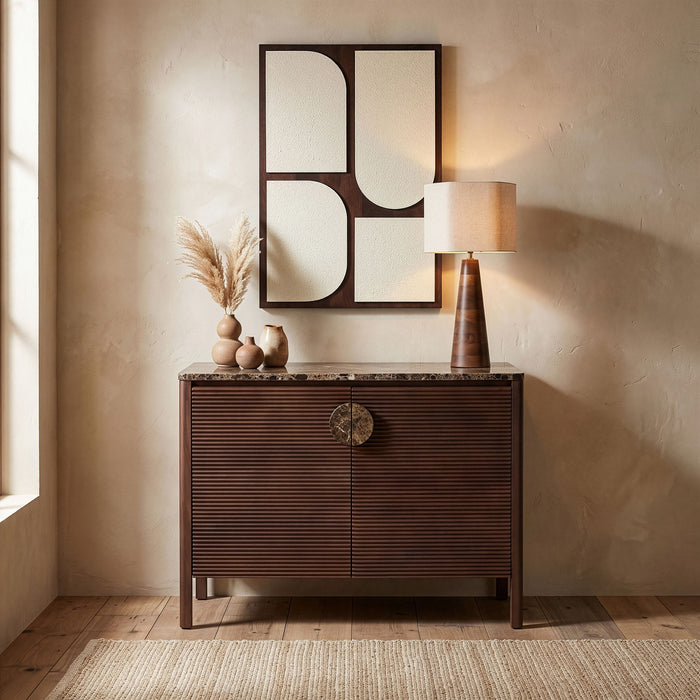 Varenna Meridian Furniture acacia wood sideboard with sleek design, featuring spacious storage drawers and cabinet doors.