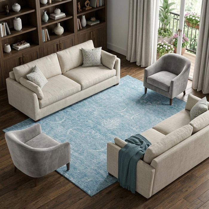 10' X 14' Damask Washable Area Rug With UV Protection (683926) - Sky Blue / Ivory
