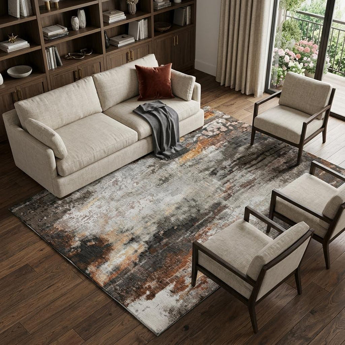 10' X 14' Abstract Washable Area Rug With UV Protection (695702) - Gray / Rust / Ivory