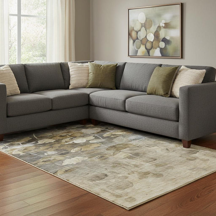 10' X 14' Floral Washable Area Rug With UV Protection (651280) - Taupe / Gold / Ivory