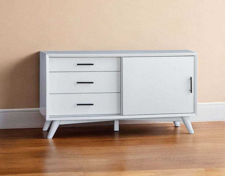 HomeRoots mahogany solids and okoume veneer TV stand with enclosed storage, white finish, modern design for living room.