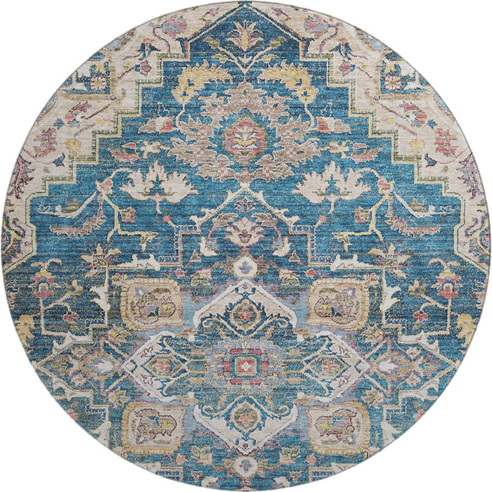 8' Floral Medallion Washable Round Rug With UV Protection - Blue