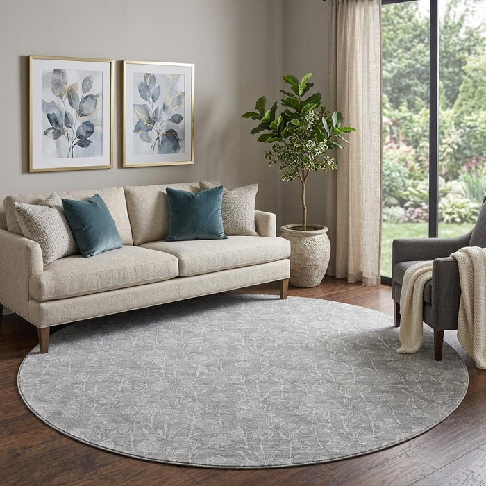 8' Floral Washable Round Rug With UV Protection (656421) - Silver / Ivory
