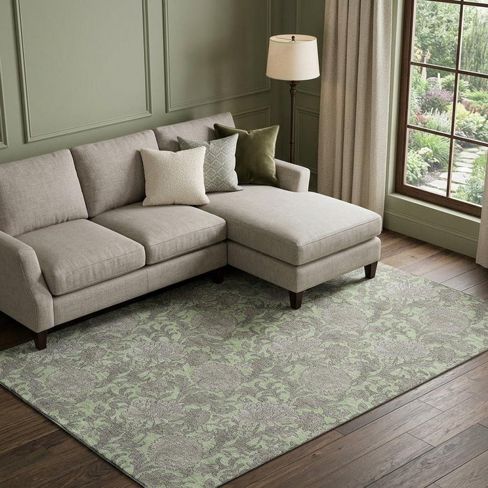 9' X 12' Floral Washable Area Rug With UV Protection (655769) - Artichoke Green / Gray