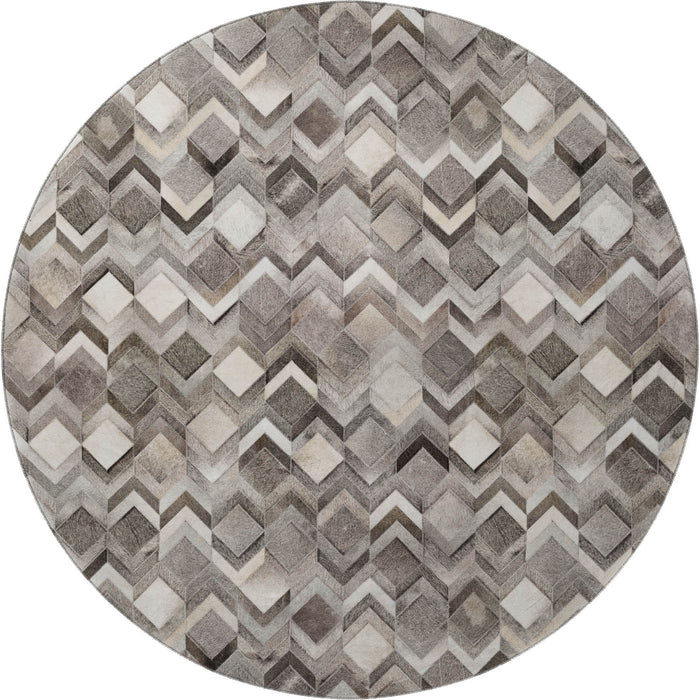 8' Geometric Washable Round Rug With UV Protection (644685) - Gray / Ivory / Black
