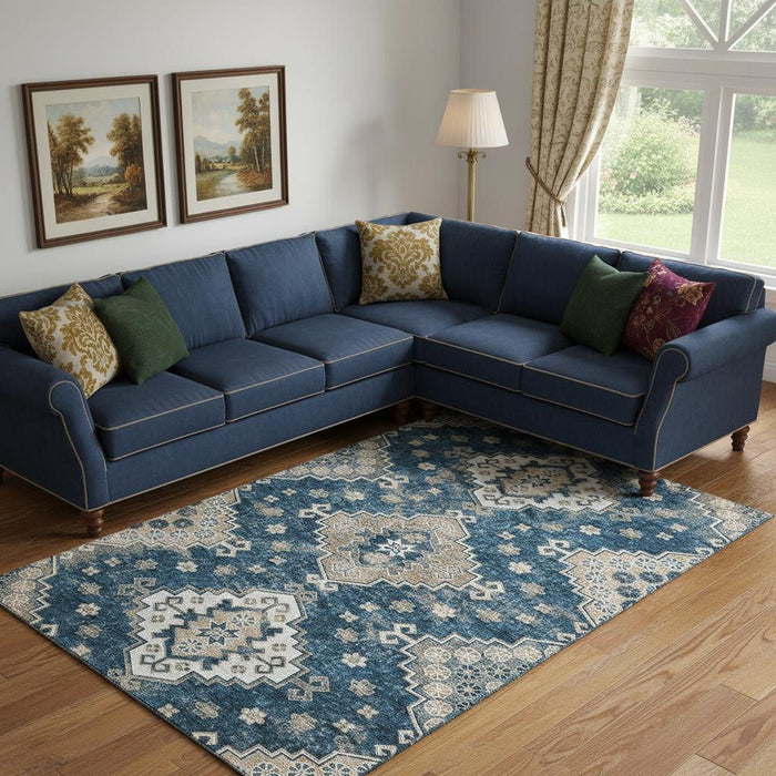 9' X 12' Medallion Washable Area Rug With UV Protection (667383) - Navy Blue / Ivory / Beige