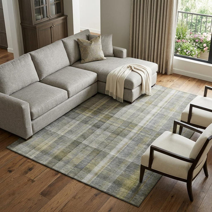 8' X 10' Plaid Washable Area Rug With UV Protection (648014) - Gray / Gold