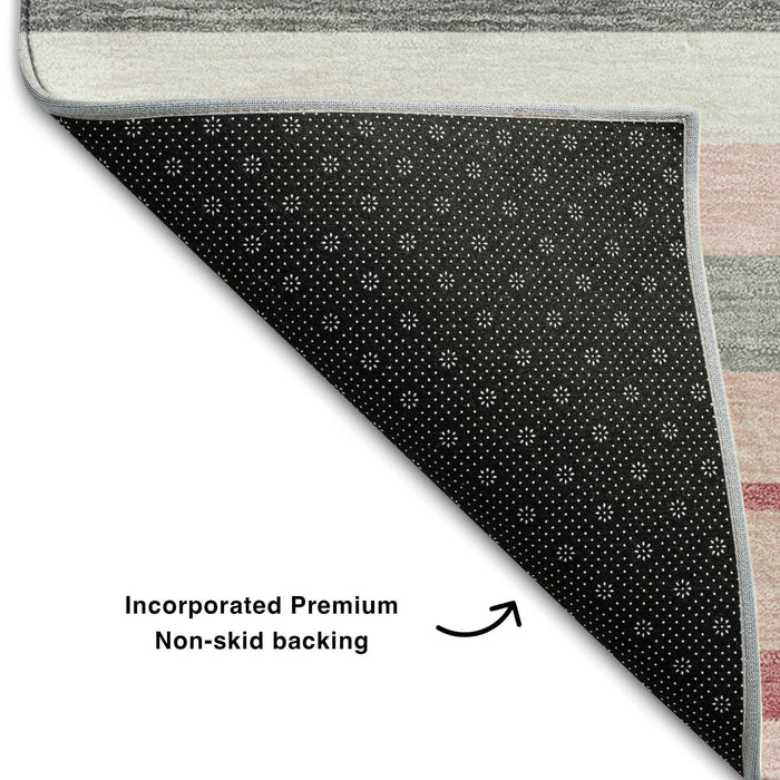 10' X 14' Striped Washable Area Rug With UV Protection (669925) - Pink / Ivory / Gray
