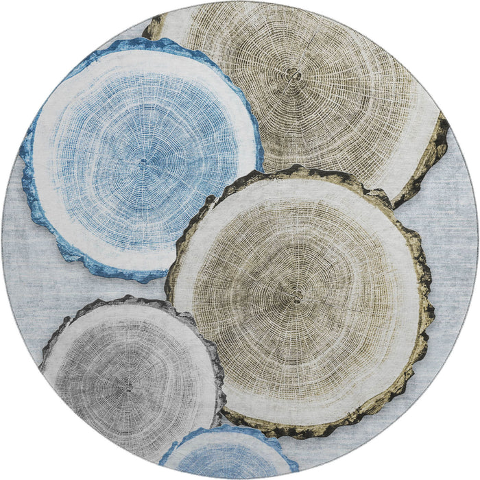 8' Faux Bois Washable Round Rug With UV Protection (649921) - Blue / Brown / Ivory