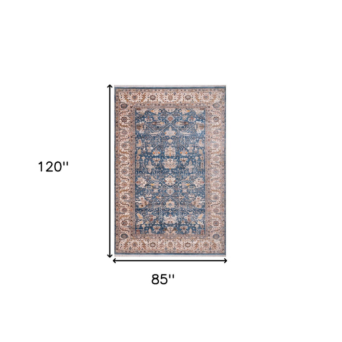 7' X 10' Traditional Oriental Area Rug With Fringe - Navy Blue