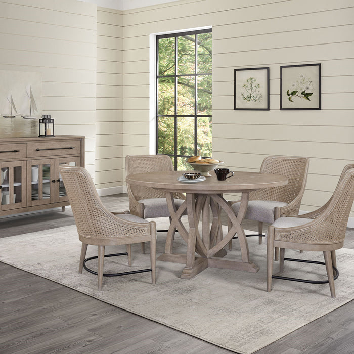 Set of two Bernards Furniture cane-backed host chairs in sand color, featuring a stylish and comfortable design.
