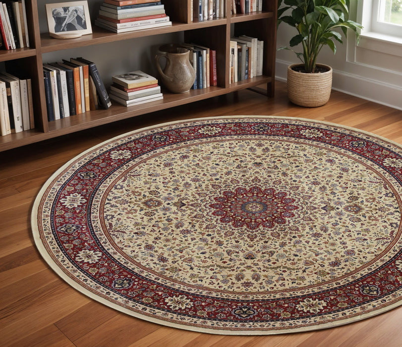 8' Oriental Round Rug - Ivory / Red
