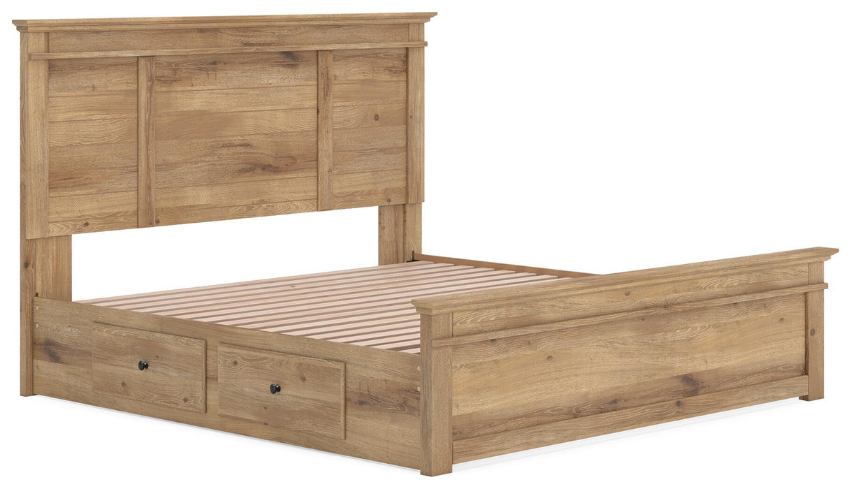 Signature Design by Ashley Makidern Panel Storage Bed with built-in storage drawers and modern design in a bedroom setting.