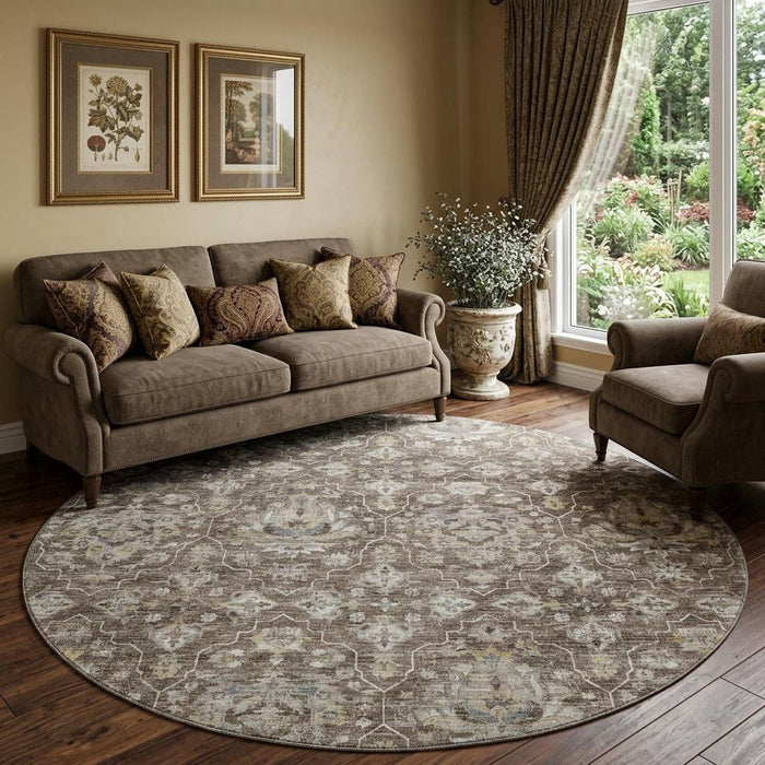8' Floral Medallion Distressed Washable Round Rug With UV Protection (644559) - Taupe / Ivory / Gold