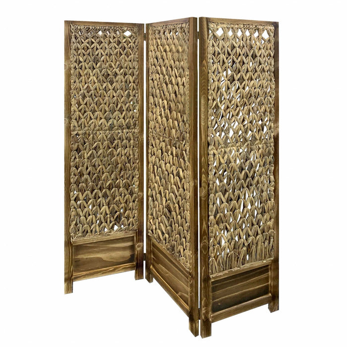 Casual Wood And Seagrass Three Panel Room Divider Screen - Light Brown