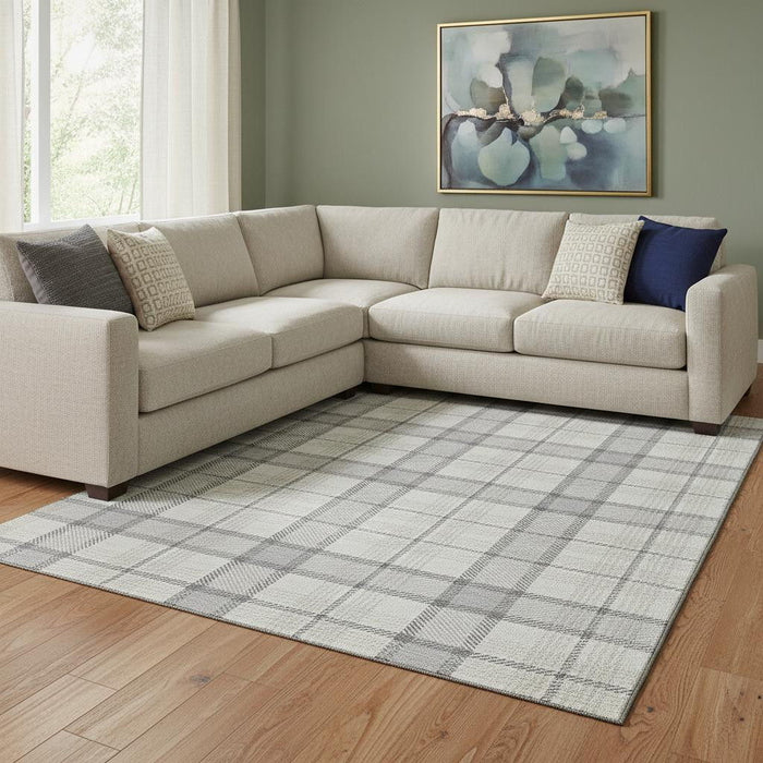 10' X 14' Plaid Washable Area Rug With UV Protection (682523) - Silver / Ivory / Gray