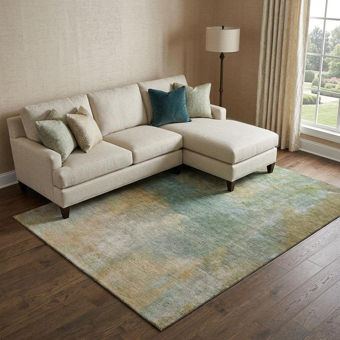 10' X 14' Abstract Washable Area Rug With UV Protection (683626) - Artichoke Green / Beige / Teal