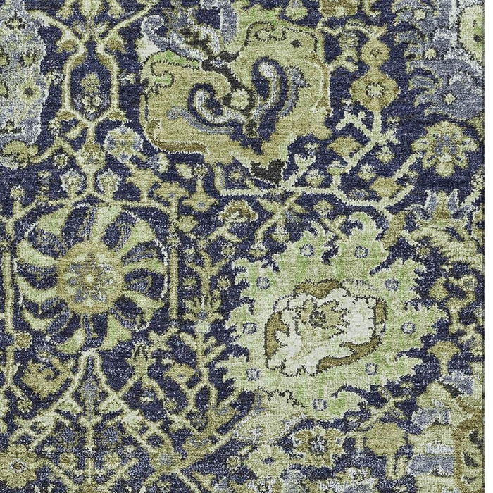 10' X 14' Damask Washable Area Rug With UV Protection (692970) - Fern Green / Navy Blue / Ivory