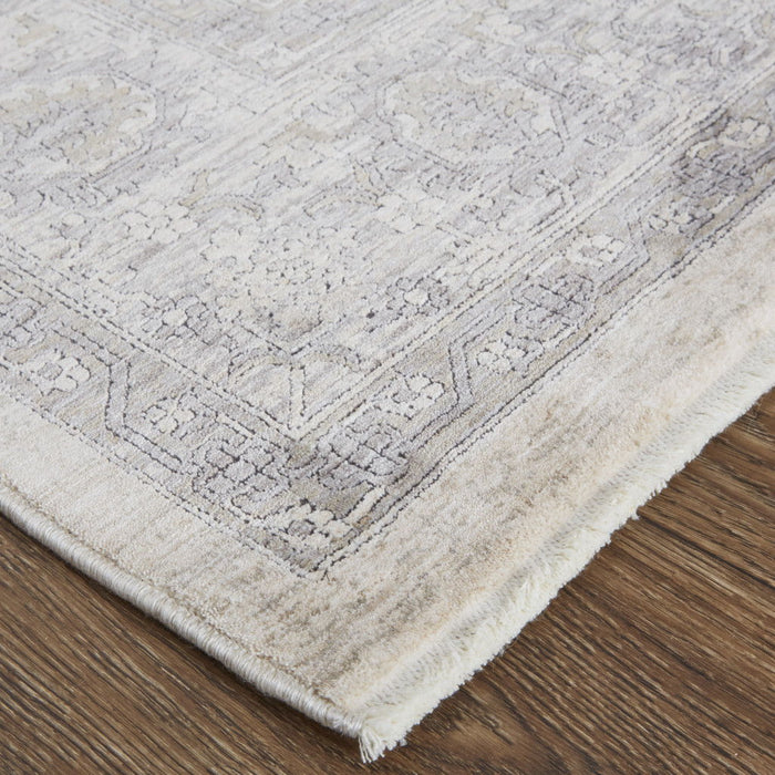 12' Oriental Power Loom Worn Faded Runner Rug With Fringe - Gray And Ivory