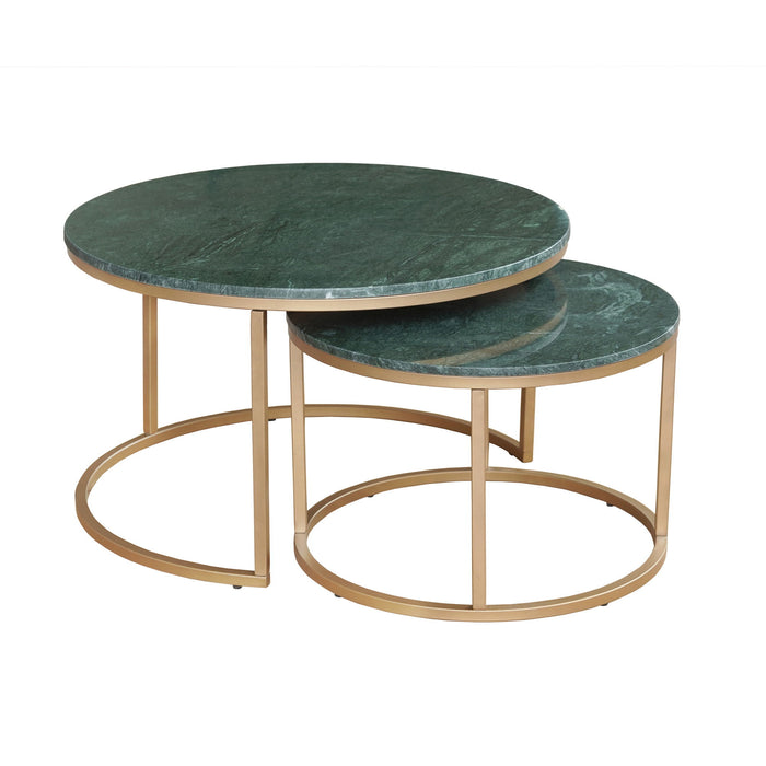 Genuine Marble Iron Round Frame Nested Coffee Tables (Set of 2) - Green / Gold
