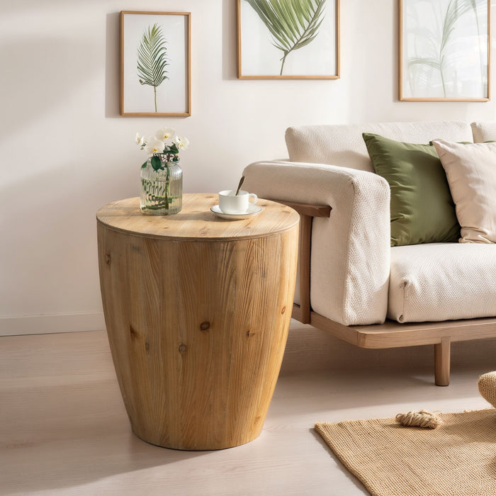 Giga vintage style barrel coffee table with storage, featuring a rustic wooden finish and round design for living room decor.