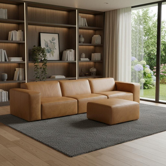 122" 2 Piece Living Room Set Sienna Leather Sofa With Ottoman With Brown Legs - Brown