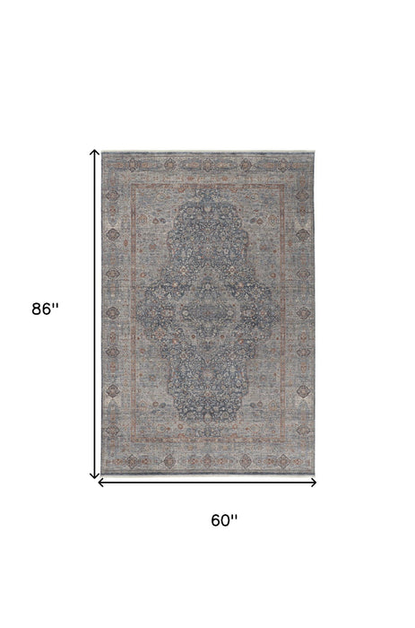 5' x 7' Oriental Power Loom Worn Faded Area Rug With Fringe - Gray Blue And Red