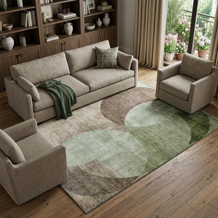 10' X 14' Geometric Washable Area Rug With UV Protection (686252) - Artichoke Green / Brown / Beige