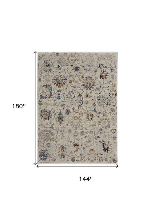 12' x 15' Floral Power Loom Distressed Area Rug With Fringe - Orange And Ivory